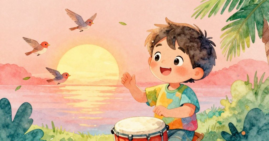 艾薇面帶愉悅擊打小鼓,金色夕陽下鳥兒歡躍、樹葉搖曳,整個場景洋溢著平靜溫馨的韻律。