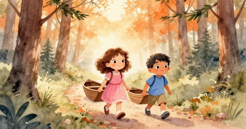 米拉與本在靜謐松林中步行，手持小木船，迎著晨曦溫暖光線，表情充滿期待與平靜。