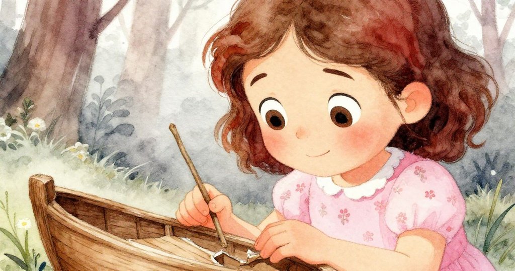 米拉細看破損木船，眼中閃爍著驚奇與擔憂，專心檢視並準備修補，背景隱約呈現晨曦松林。