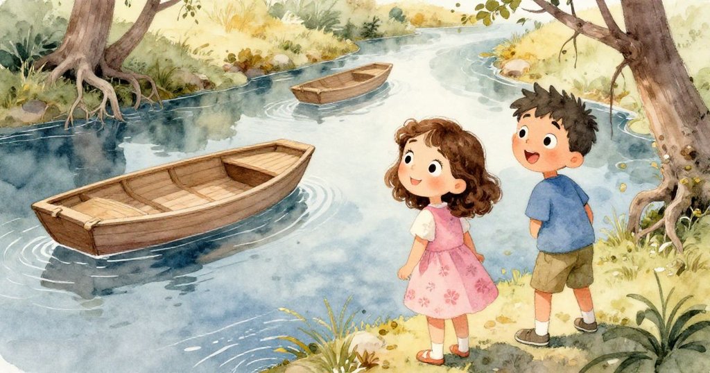 米拉與本在溪邊觀察木船倒影，水面反射出修補後船隻與自然美景，流露出快樂與好奇心。