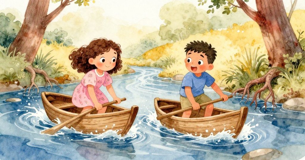 米拉與本在溪邊放下木船，水花四濺，樹根裸露展現大自然細節，充滿活力與冒險情懷。