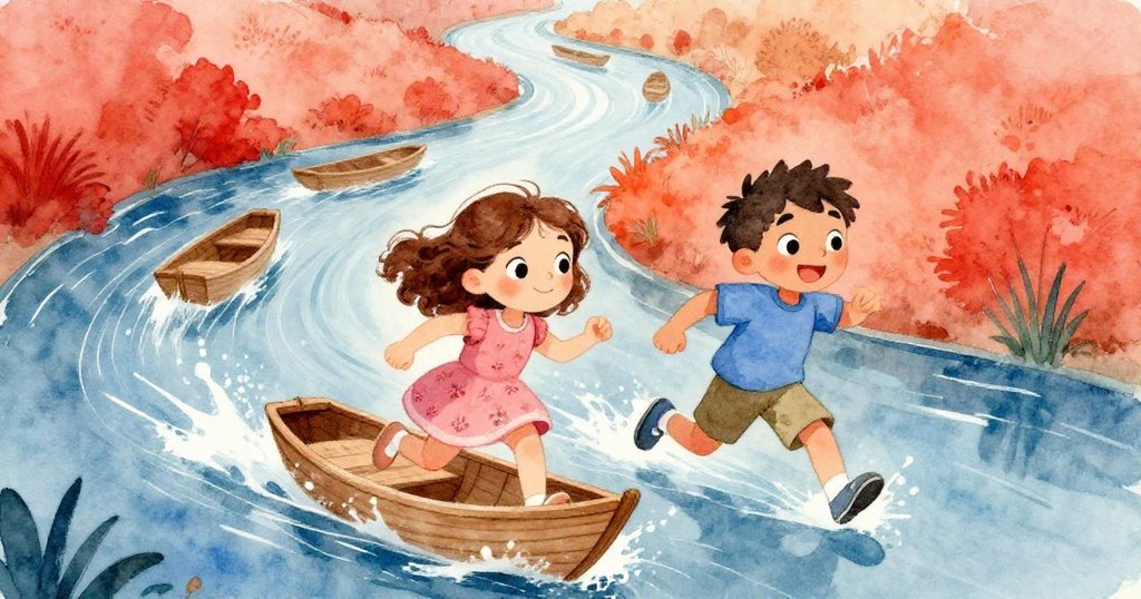 米拉與本在溪邊追逐木船，快樂奔跑中水花飛濺，動感十足展現冒險與追逐情趣。