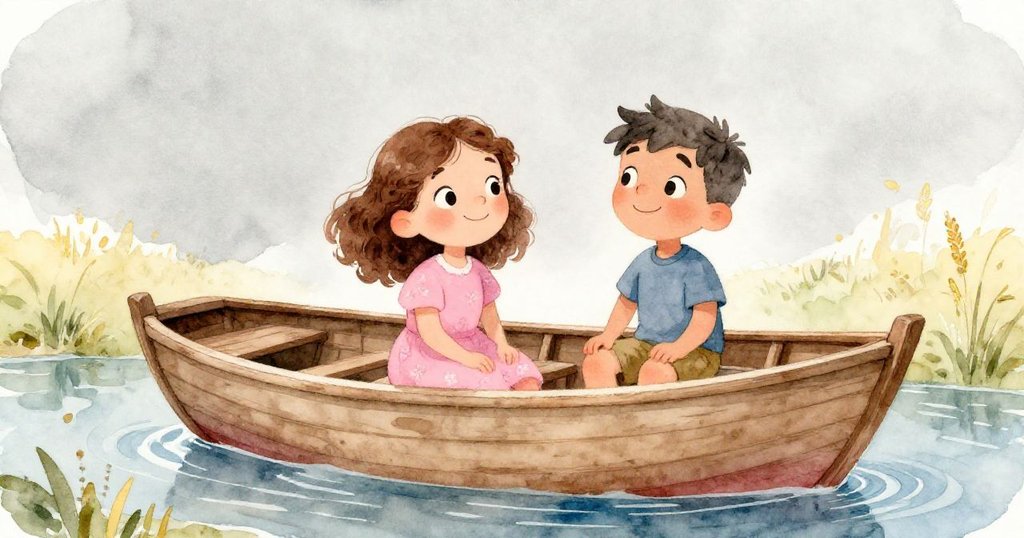 米拉與本欣賞修補後平靜飄浮的木船，倒影映出堅韌與創意，兩人滿意微笑締造溫馨結局。