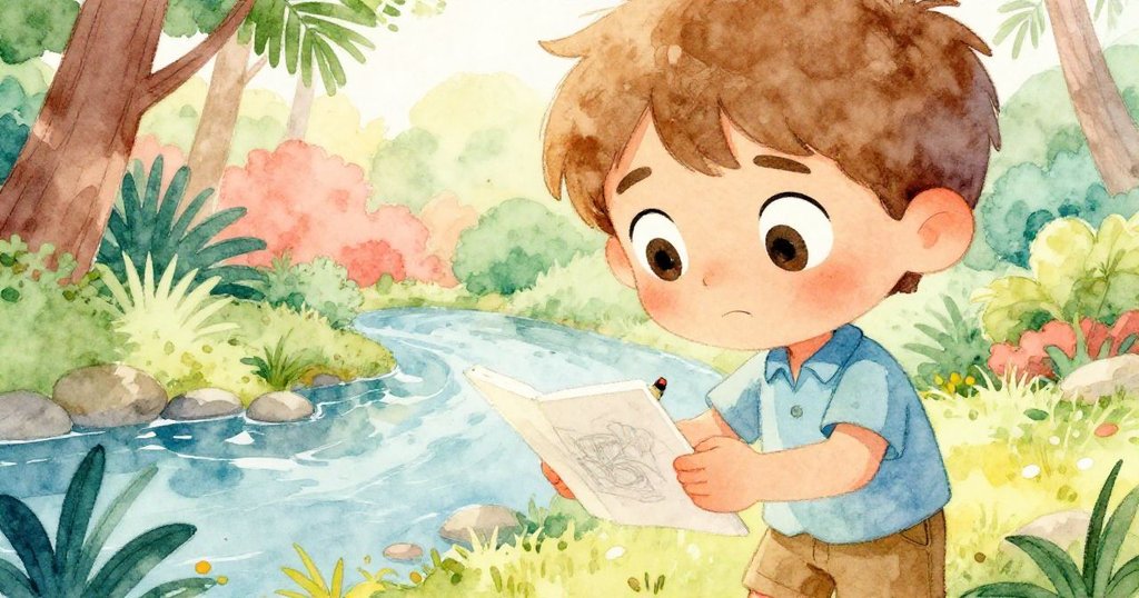 路卡斯凝望溪流，眼神中充滿決心與創意，他輕握畫本，聚焦於大自然的靈感源泉。