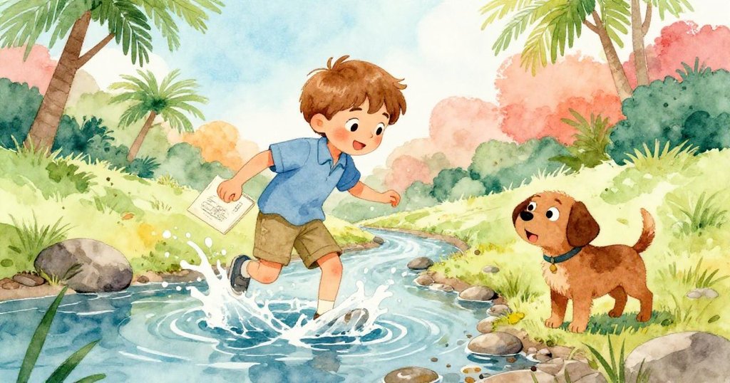 路卡斯勇敢踏入淺溪，水花四濺，踩著滑動鵝卵石，米洛好奇地站在溪邊觀察。