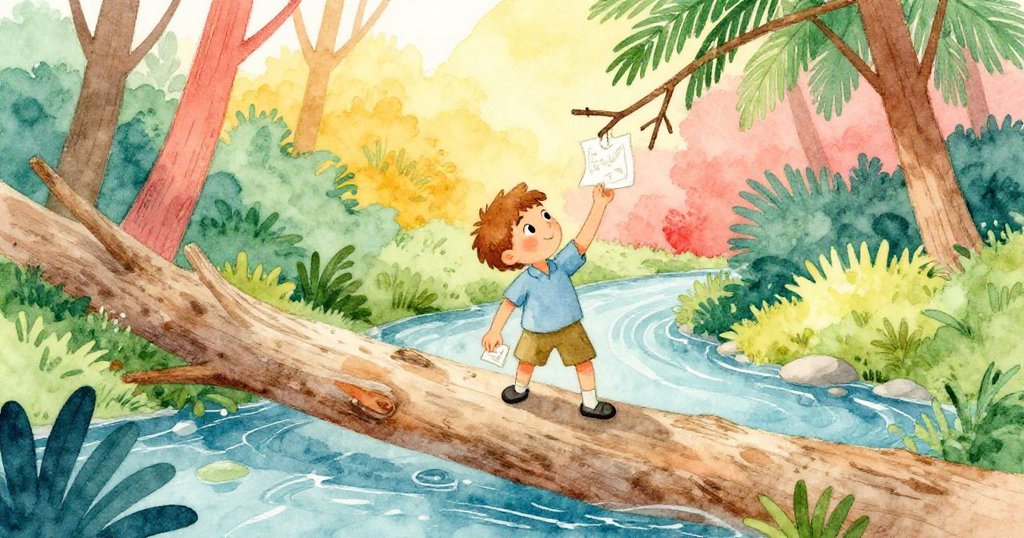 路卡斯發現水流拋光的倒木，靈巧爬上去伸手抓取被水拉扯的畫本，展現機智與決心。