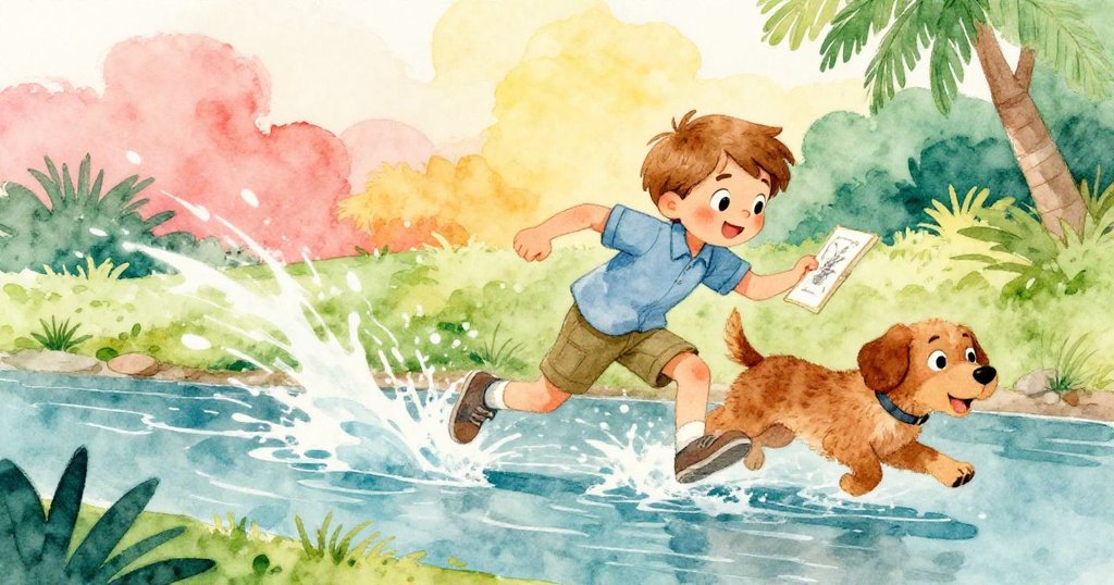 米洛忽然躍入溪流，快樂吠叫驚動路卡斯，兩者展開輕快追逐，畫本險些隨水漂走，氣氛充滿動感。