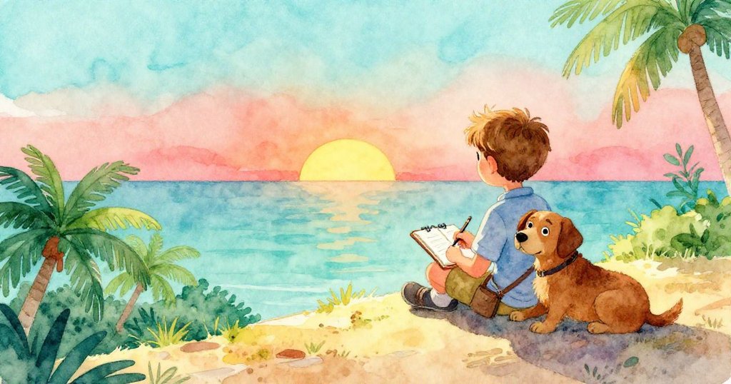 路卡斯在遠岸陽光照耀的岩石上微笑坐下，打開微濕畫本準備作畫，米洛依偎旁邊，新希望展現在開闊地平線上。