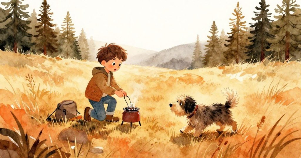 Leo忙著擺放露營爐，狗好奇探索高原草地，背景有松樹和夕陽，顯得安詳而溫暖。