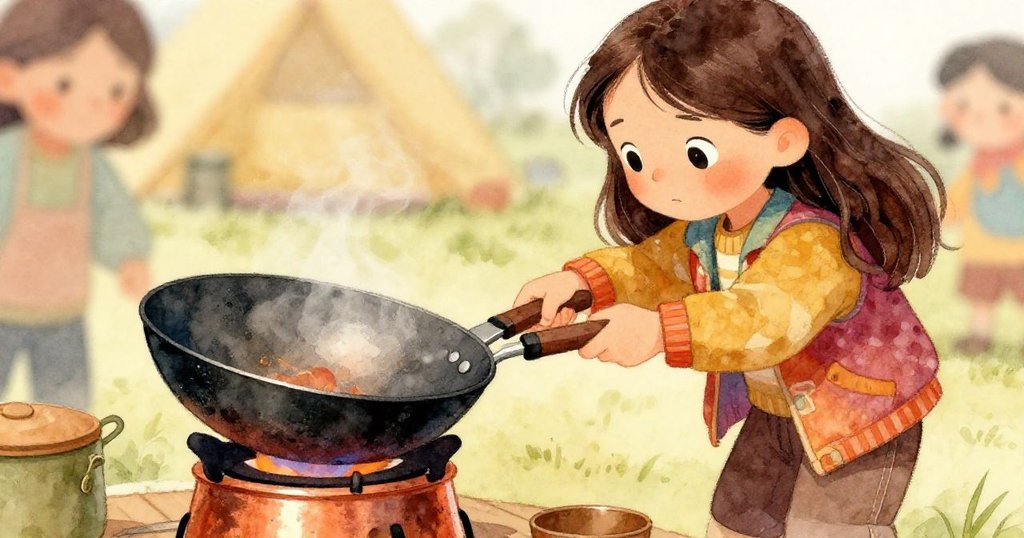 Maya專注地把黑色炒鍋放在露營爐上，動作細緻，背景溫暖，顯示出準備烹飪的期待。