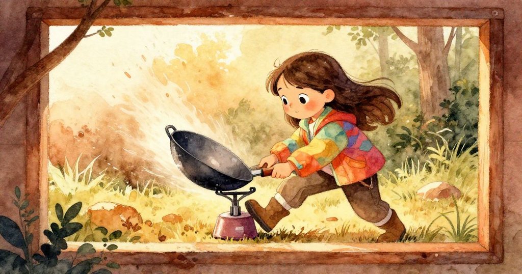 Maya急速用靴子撐住爐子，炒鍋在陣風中滑動，她神情專注，戶外露營背景映襯出情境緊張。