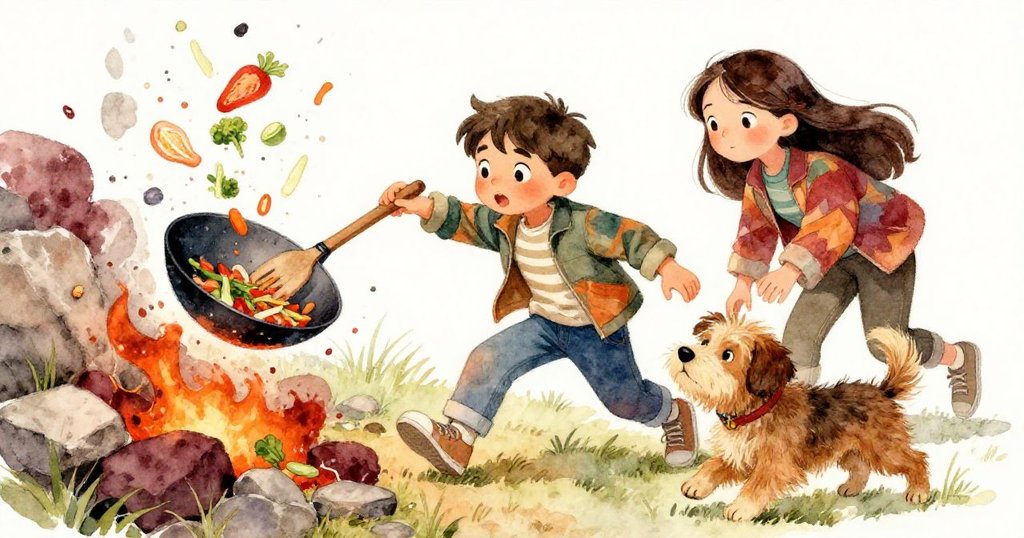 Leo因狗輕觸而失衡，木鏟撞擊炒鍋，蔬菜飛濺，Maya驚訝相助，展現露營現場突發狀況。