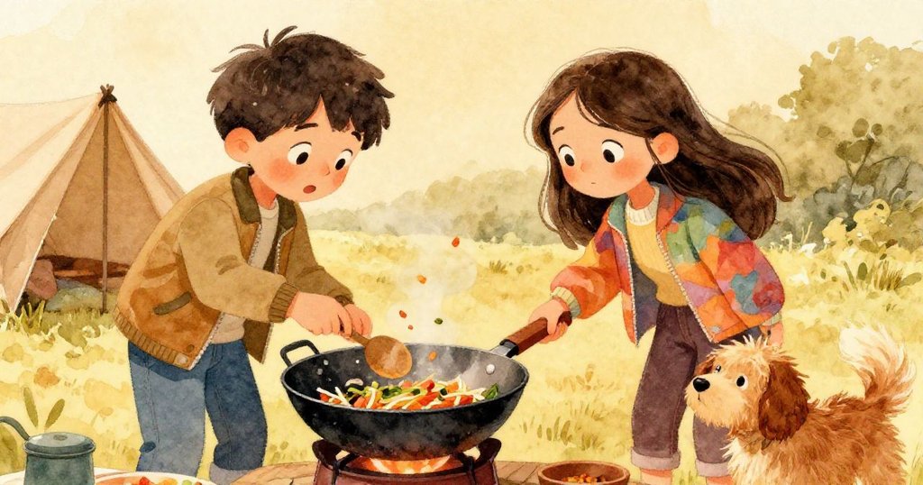 Maya專注將食材聚回鍋中，蒸氣緩緩上升，Leo與狗靜靜陪伴，露營區恢復溫馨平靜。