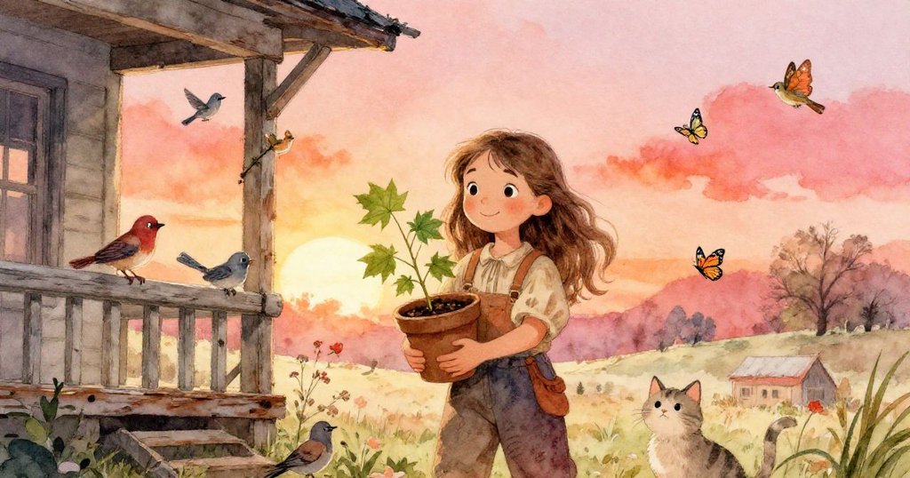諾拉踏上風化門廊,手抱楓樹幼苗,周圍鳥蝴蝶與貓群聚,流露溫暖與歡欣,背景夕陽映照。