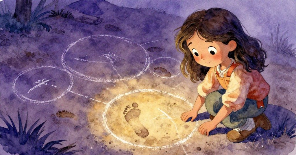 諾拉蹲下觸摸泥土上褪色粉筆痕跡,思索志工記憶,淺金輝映深紫穩重,展現堅定情懷。