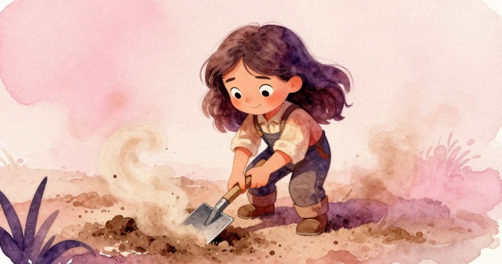 從高處俯視,諾拉用小鏟挖掘堅硬泥土,塵埃揚起,她展露脆弱與堅毅的表情,畫面細膩。