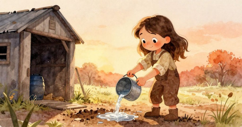 傍晚深光中諾拉彎腰從雨桶裝水,用古銅水桶灌入乾裂土地,夕陽金輝中蘊含希望氣息。