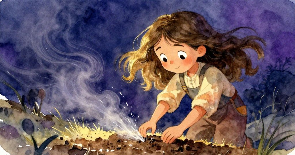 諾拉凝視變軟的土壤,心中焦慮與希望激盪,金光與深靛映襯著風中飛揚的髮絲,氣氛懸念。