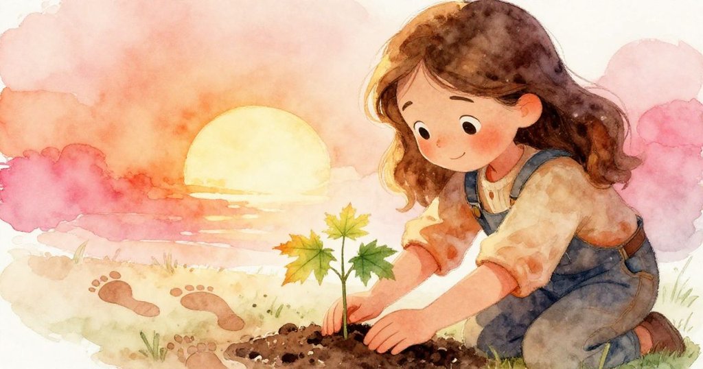 傍晚柔光中,諾拉輕觸新栽幼苗,其周圍印記象徵自然禮物,情感滿溢,預示著新生與希望。