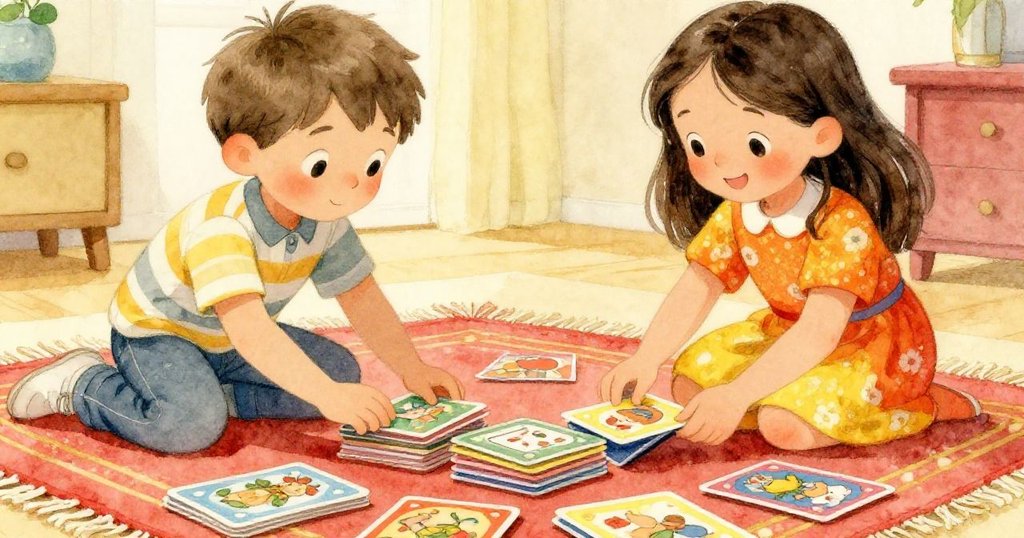 米洛和莉娜專注地搭建卡牌塔，手指細緻堆疊卡牌，充滿溫馨合作與期待，細節表現生動。