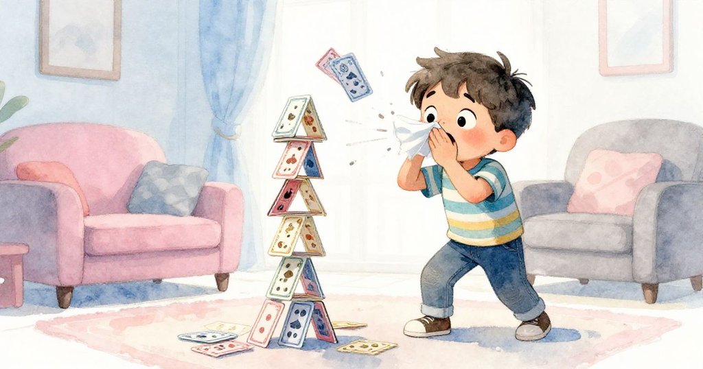 米洛突然噴嚏，卡牌塔搖晃起來，生動展示意外瞬間，米洛驚訝，畫面充滿活力與戲劇性。