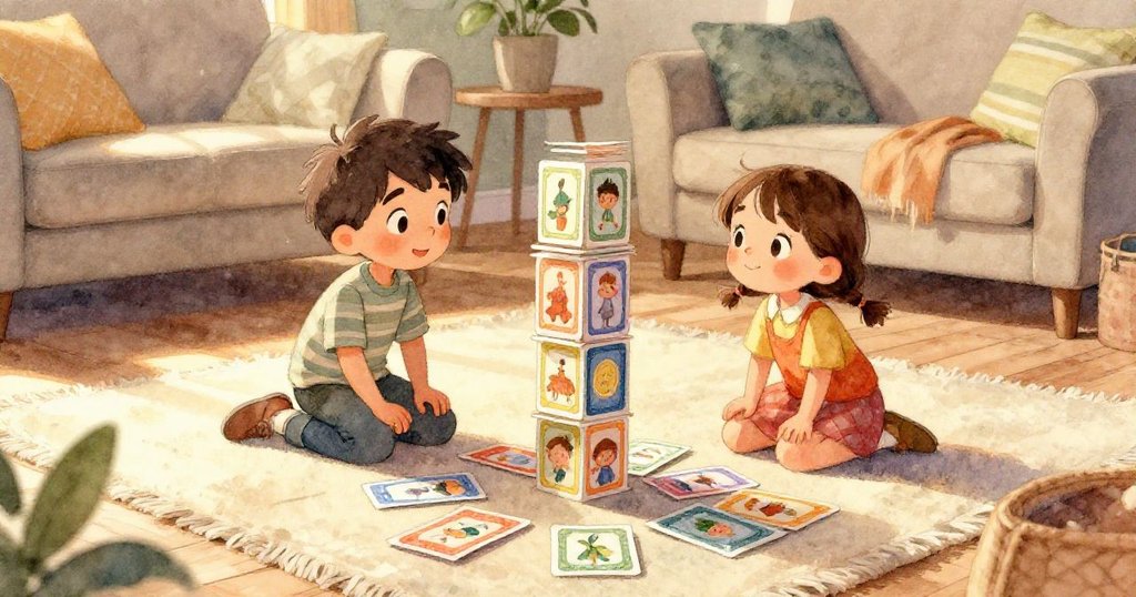 卡牌滑動碰撞鉛筆和瓷鈴，油漆瓶傾瀉綠色滴落，孩子們在房間內目睹連鎖反應，現場充滿驚喜與探索。