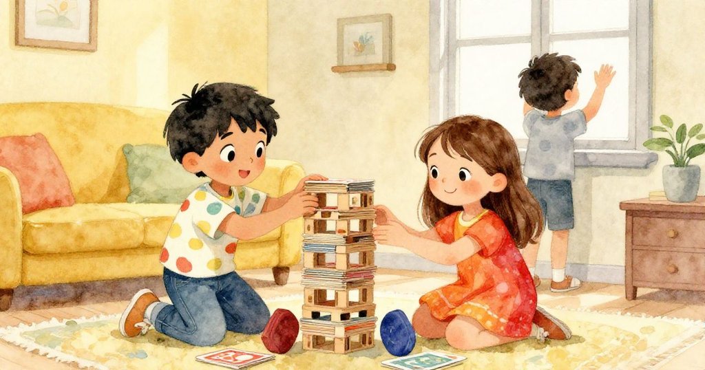 莉娜關窗後，米洛與莉娜合作用厚卡與書重建塔，高度穩固，充滿專注與重建希望，溫馨家庭氛圍。