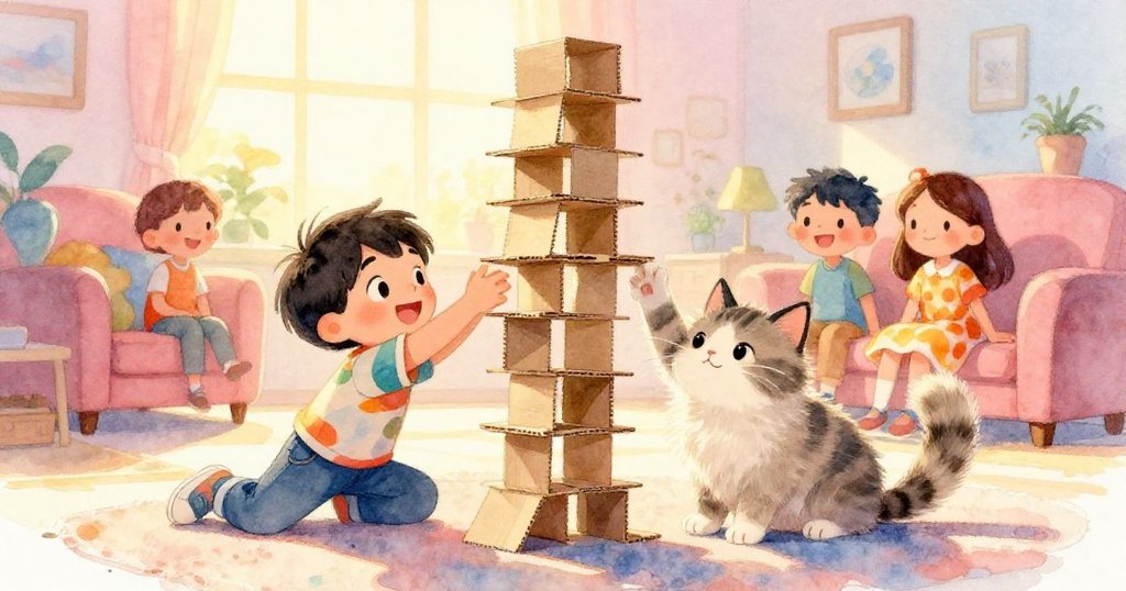 塔頂放上最後一張卡時，毛茸茸的貓咪伸展後坐在塔下，米洛與莉娜共享成功喜悅，畫面溫暖圓滿。