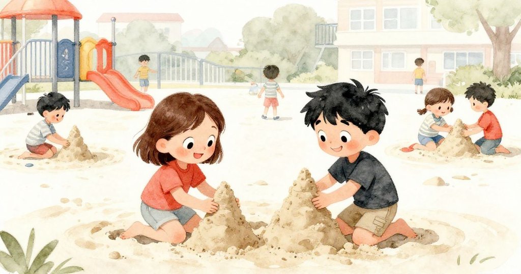 在學校操場的沙坑中,Carla與Ben忙著倒沙,眾多孩童圍觀,臉上展現興奮與期待的笑容。