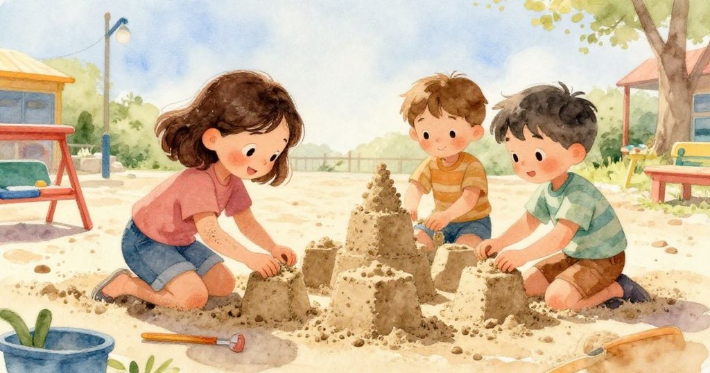 Carla與Ben的腳步在濕沙中留下清晰腳印,周圍散落著塑膠水桶,展現活力與快樂的童趣場景。