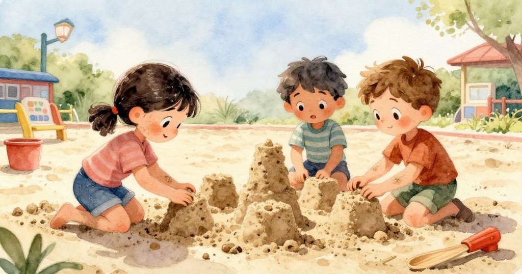 Carla伸手觸碰藍色玻璃珠,水珠反射出沙坑邊微光,細膩且充滿童趣的創作瞬間。