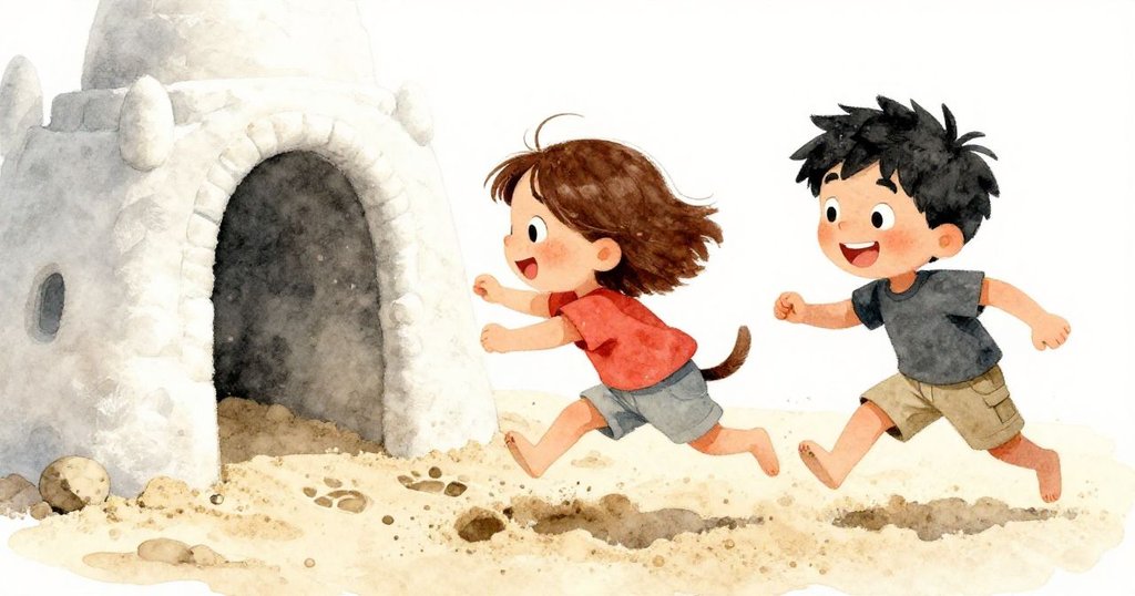 狗狗蹦進沙坑,在沙宮門口留下大腳印,Carla驚訝後迅速雕塑腳印形成優雅拱門,表現出決心與創意。