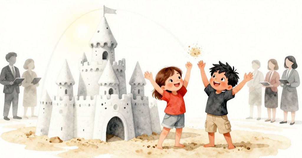 灑滿陽光的沙宮中,成品拱門閃耀,Carla與Ben滿臉驕傲,舉起沾滿沙塵的手,展現創意成功與喜悅。