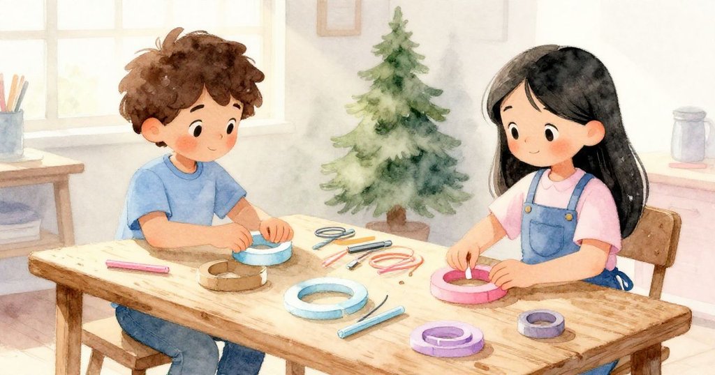 Leo與Mara在晨光透射的工作坊內忙碌排列紙板圈和吸管，動作輕快，充滿期待與創意精神