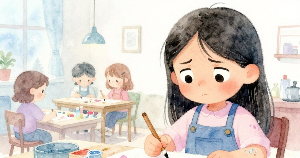 Mara特寫臉龐展現堅定與些許沮喪，手持工具檢查被膠水染污的袖子，細節真實動人