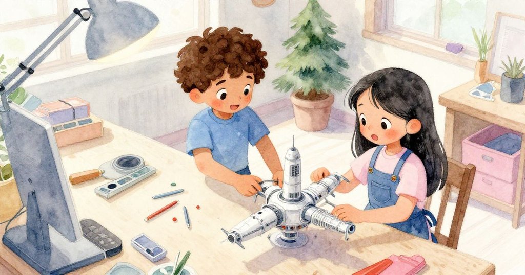 從上方俯視工作桌，Leo與Mara彎腰細調吸管與組件，工作台上各種工具和標籤清晰可見，展現協作精神