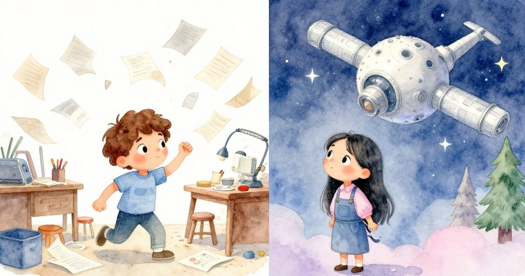 畫面左右分割，左側展示風中亂飛的紙張與動搖模型，右側呈現夢想中完美空間站，Leo與Mara注目觀察，情緒複雜