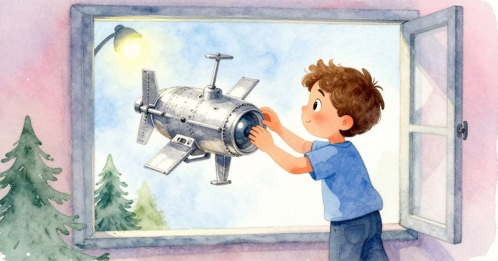 Leo站在窗邊仔細觀察貼有膠帶的模型，透過玻璃映出街燈光影，眼神充滿驚奇與堅定