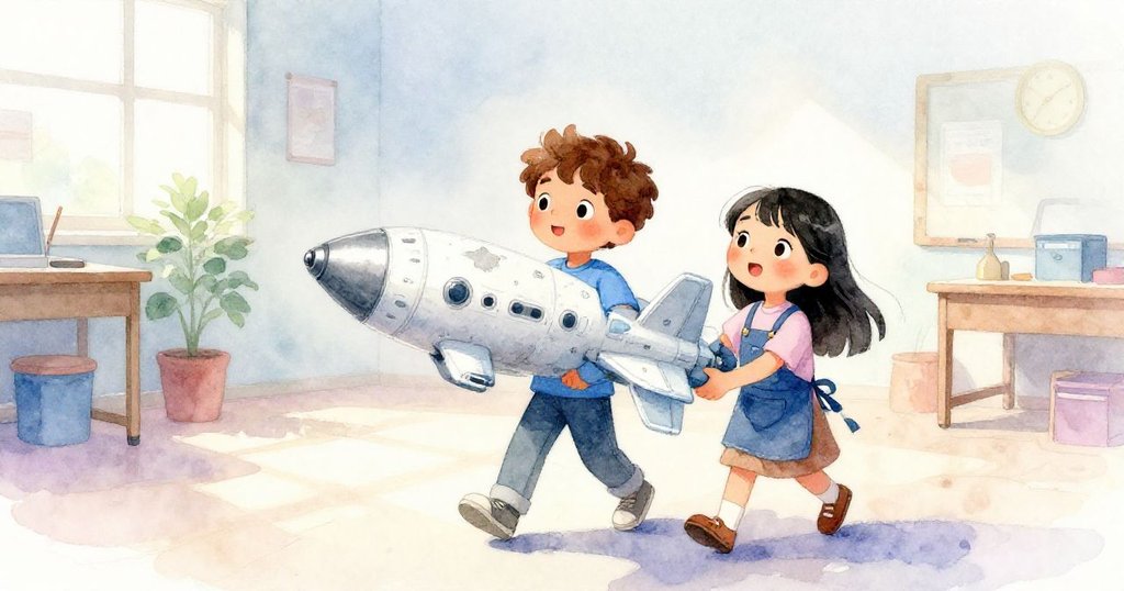 Leo與Mara齊心舉起修補模型，在柔和晨光與飛舞塵埃中前行，畫面充滿希望，暗示通向校園新冒險