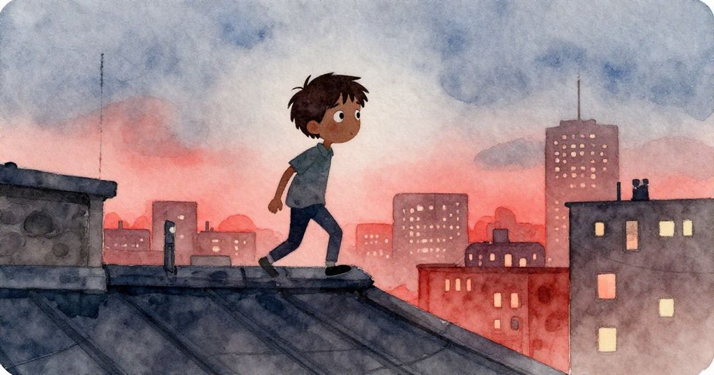 米洛在夕陽紅色光芒下推開天窗登上屋頂，背包揹肩，充滿期待與冒險的歡樂情緒。