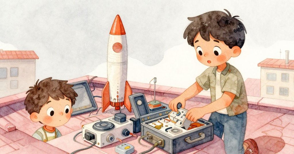 米洛將裝備從背包中逐一拿出，仔細擺放工具，屋頂上展現對未來通訊的創新好奇與決心。