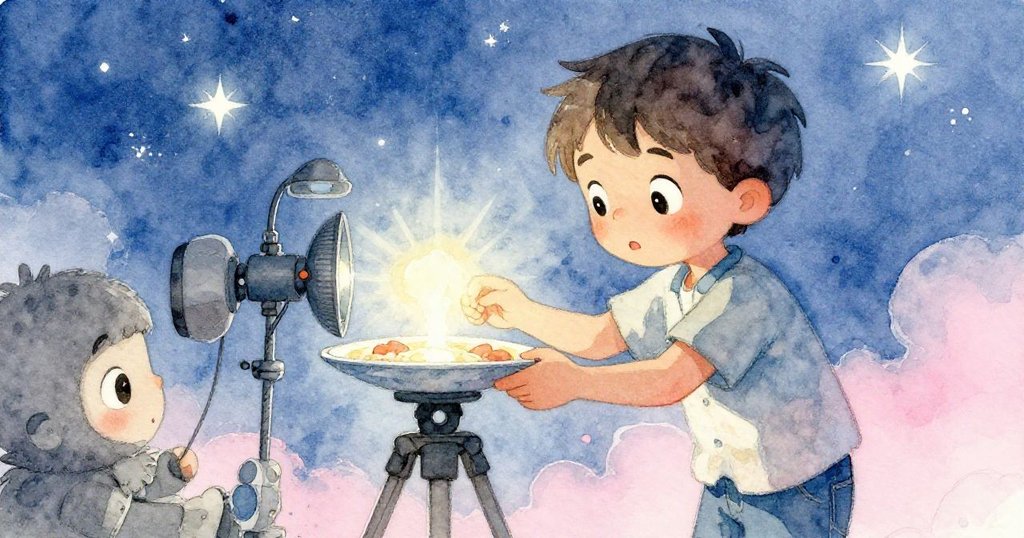 米洛專注操作著筆記本與大盤天線，透過設備瞭望星空與信號，表情滿懷期待與專注。