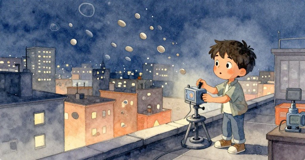 輕風拂過屋頂，散落的碎石隨風搖曳，米洛調整設備時背景浮現城市燈光與微妙氛圍，充滿靜謐期待。