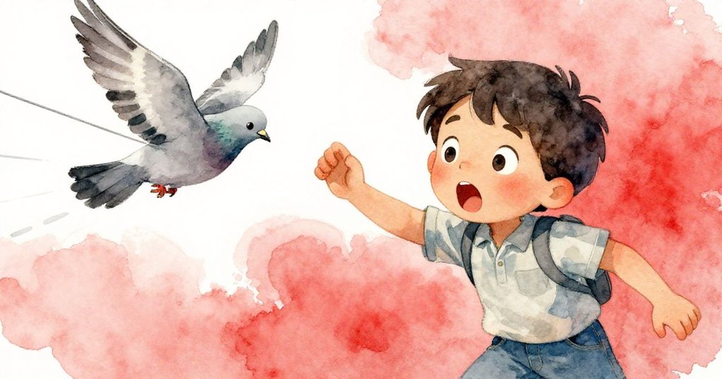 一道鸽影掠過屋頂，觸碰電纜致使設備失準，米洛神情驚慌迅速修正，展現科技與自然間的小混亂與急迫反應。