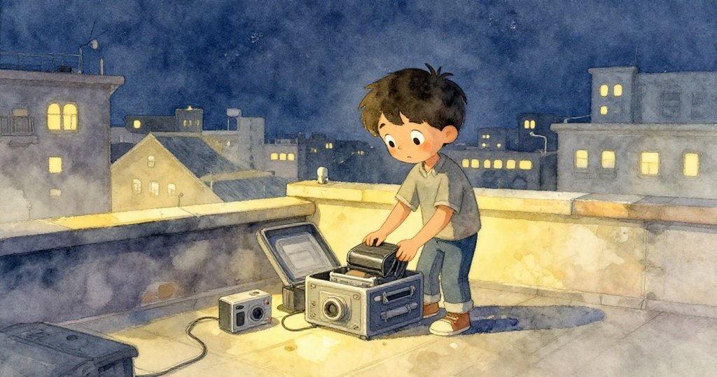 米洛整理好器材，將天線留待明日，帶著些許不捨離開屋頂，背景中設備靜立閃爍，展現溫馨的結束與期盼。