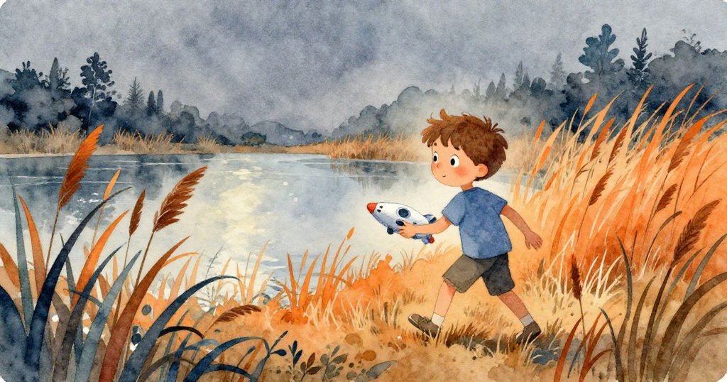 Milo在涼爽夜晚走向池塘邊緣,穿過蘆葦門,手捧塑膠太空船,充滿期待與冒險心情。