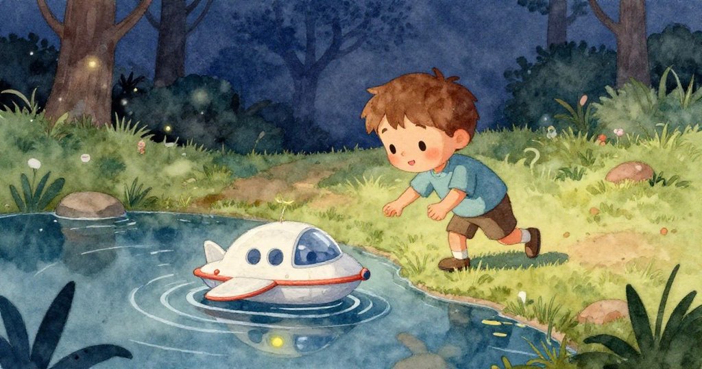 Milo專注凝視池塘中漂浮的太空船,眼中映出月光與水波,表現出驚喜與好奇的情感。