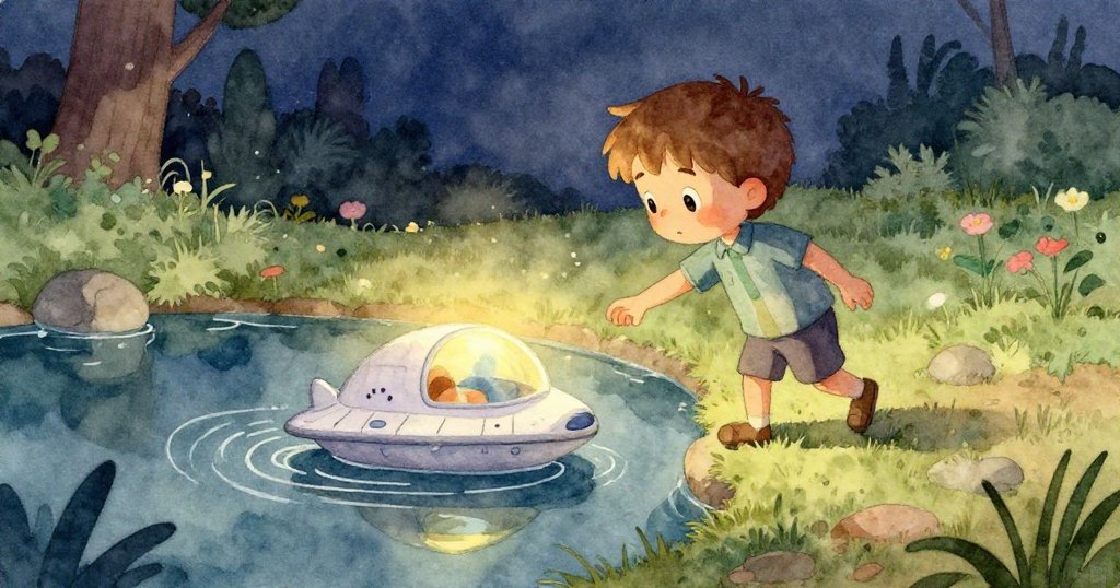 從蜻蜓視角看見池塘中漣漪蕩漾,塑膠太空船靜靜漂浮,周圍蘆葦隨風搖曳,展現夜晚寧靜美景。