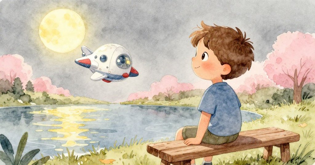 Milo坐在池塘邊的木椅上,微笑回望漂浮的太空船,月光與柔和色調營造出寧靜氛圍,充滿溫馨與反思。