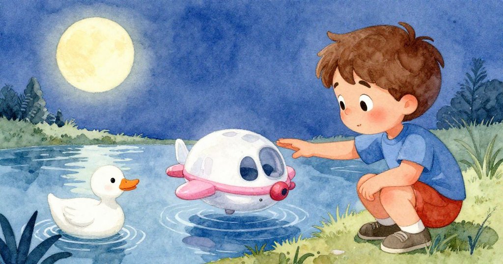Milo輕觸池水,與好奇鴨子共享池塘奇景,漂浮的太空船引發溫馨互動,展現快樂且活潑的夜間冒險。